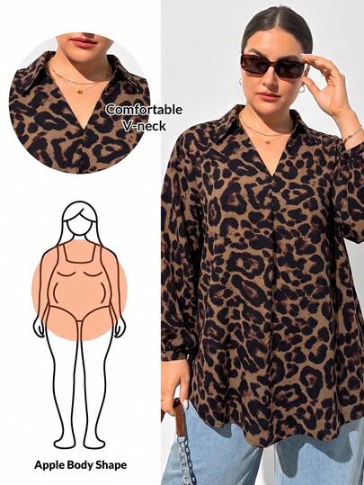 Shapeblank Plus Size Women's Spring/Autumn 90s Leopard Print Long Sleeve V-Neck Shirt Blouse Top Office Workwear Chocolate Brown