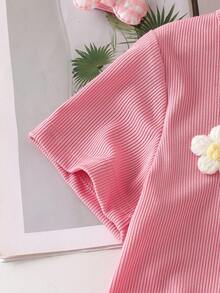 Genkimix Kids 2件組少女紋理上衣配3D花朵裝飾與休閒長褲，適合休閒外出 - 粉色 - 查看 7