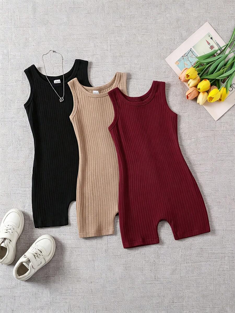 SHEIN 女童羅紋無袖連身褲 3色休閒運動旅行套裝 - 彩色 - 查看 1