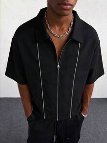 PAVTROS Men's Plus Size Solid Color Short Sleeve Zipper Placket Casual Shirt - Black - View 2