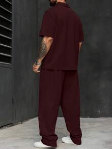 Manfinity Homme Men's Plus Size Solid Color Short Sleeve Polo Shirt And Long Pants Set - Burgundy - View 2