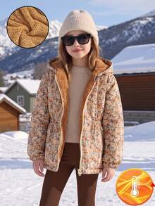 SHEIN Elladie kids 1件装 女童冬季新款 2025 复古卡其色碎花保暖连帽拉链卫衣，带松紧腰带，多功能加厚保暖外套 - 卡其色 - 查看 4
