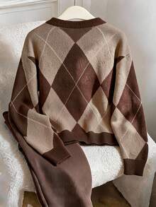 Muvela Women's Casual  Brown Colorblock Argyle Sweater, Autumn/Winter Brunch Going Out Top Casualfour Seasonsautumn Back Toschool Work Festival - Multicolor - View 2