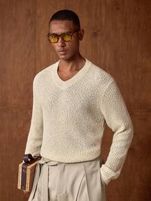 Vientiro Men's New Ribbed Fashion Versatile V-Neck Long Sleeve Sweater - Apricot - View 7
