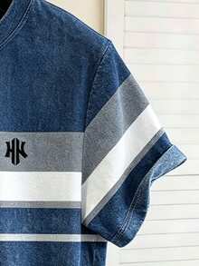 Chillumni 男士美式復古水洗做舊條紋拼接圓領短袖 HK 刺繡 T-shirt - 彩色 - 查看 4