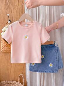 SHEIN Playful Pals 女童休閒可愛圓領標準肩寬彩色波點彩虹印花T恤與純色牛仔裙褲套裝，夏季返校穿搭 - 粉色 - 查看 8