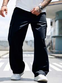 Manfinity Homme 大尺碼男士純色工裝口袋寬鬆休閒長褲 - 藏蓝色 - 查看 1