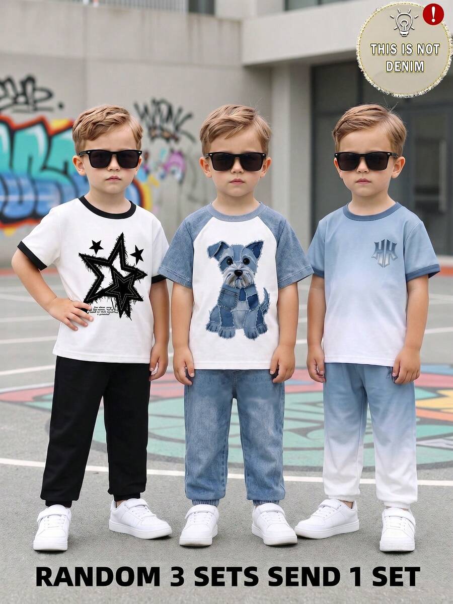 SHEIN 3 مجموعات، احصل على مجموعة واحدة عشوائية من طقم تي شيرت بنمط دب بسيط وكاجوال لطيف وطباعة جينز مع بنطال طويل مطبوع بالجينز، مناسب للخروجات الصيفية واللعب - متعدد الألوان - مشاهدة 1