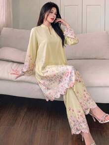 Modelyn Spring/Summer Women's V-Neck Embroidered Fashion Loose 2 Pieces Set - Yellow - View 1