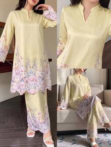 Modelyn Spring/Summer Women's V-Neck Embroidered Fashion Loose 2 Pieces Set - Yellow - View 9
