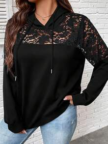 SHEIN CURVE+ Plus Size Women's Drawstring Hooded Lace Casual Versatile Daily Long Sleeve Sweatshirt Fall - Black - View 4