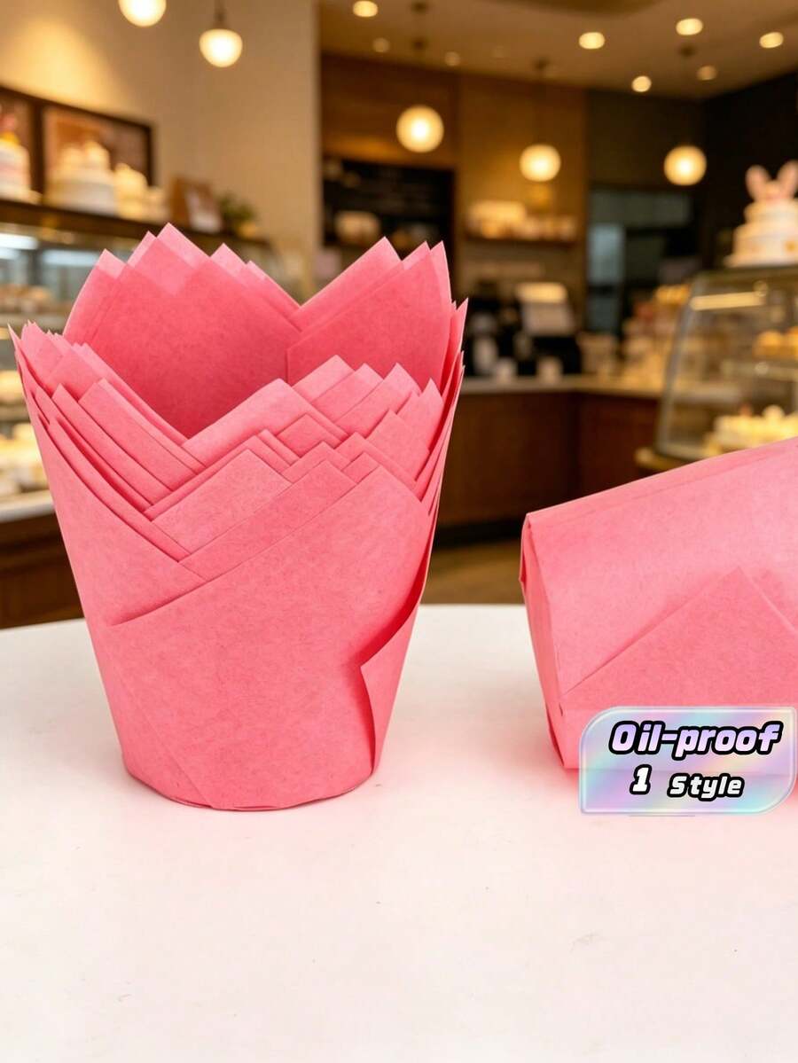 50個鬱金香杯子蛋糕模具、馬芬杯、法式火焰杯,一次性耐高溫烘焙杯,防油紙托盤,返校季適用 - 粉色 - 查看 1
