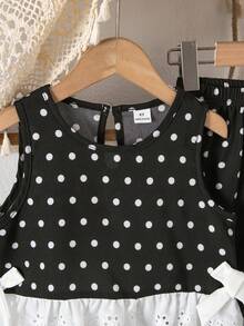 SHEIN Genkimix Kids 女童活潑可愛紅白波點印花圓領無袖背心上衣，側邊3D蝴蝶結裝飾，搭配寬鬆直筒寬腿褲套裝，夏季休閒穿搭 - 彩色 - 查看 3