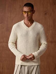 Vientiro Men's New Ribbed Fashion Versatile V-Neck Long Sleeve Sweater - Apricot - View 2