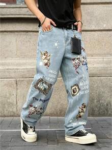 Manfinity EMRG Men's Casual Versatile Daily Travel Denim Jeans With Pocket, Button And Letter Angel Pattern - Blue - View 3