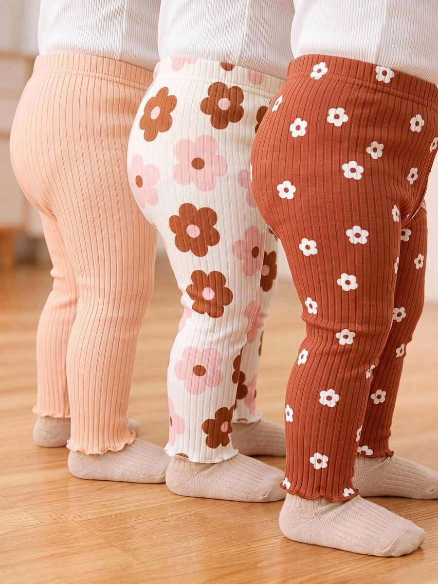 SHEIN 3件組女嬰花卉拼接打底褲長褲，新生兒基礎休閒風，修身直筒褲腿，適合秋季度假，簡約甜美穿搭