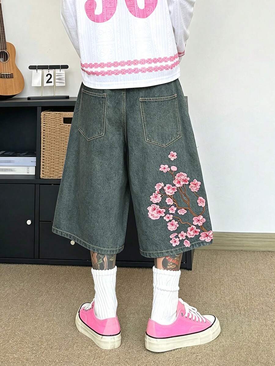 STEELVANCE 街頭風復古時尚百搭小眾設計 枝條與花朵刺繡 寬鬆寬腿休閒日常夏季牛仔短褲 - 藍色 - 查看 1