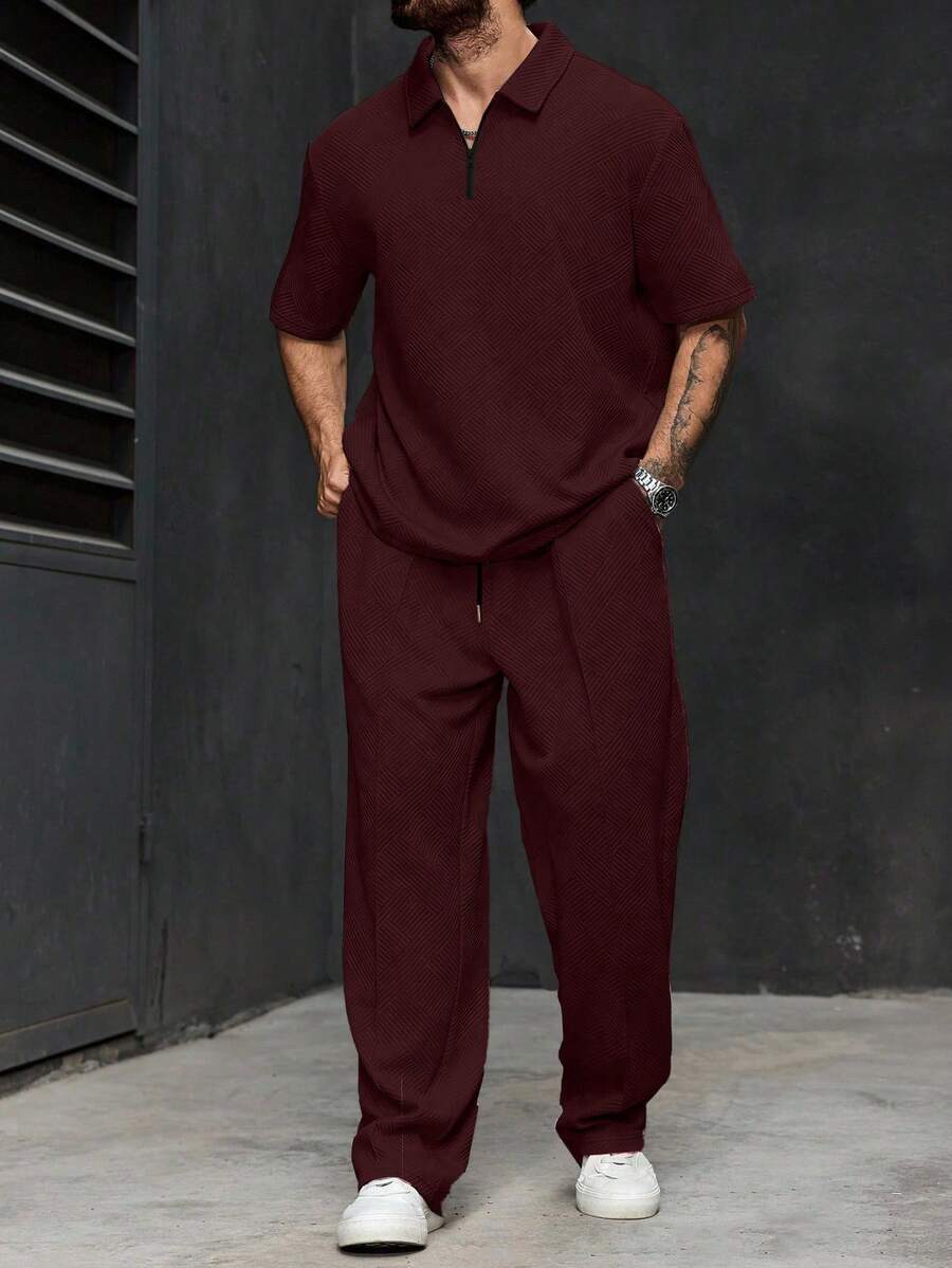Manfinity Homme Men's Plus Size Solid Color Short Sleeve Polo Shirt And Long Pants Set - Burgundy - View 1