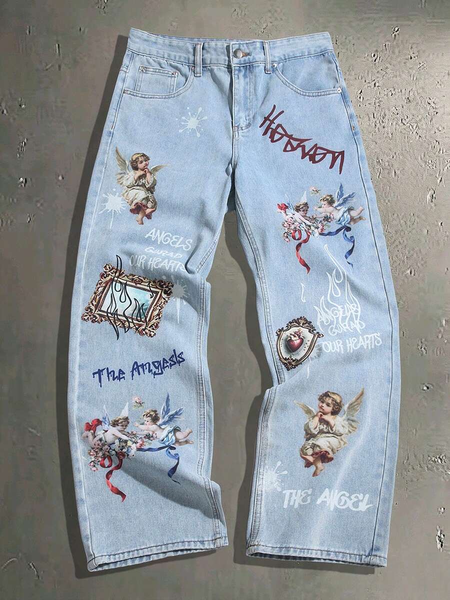 Manfinity EMRG Men's Casual Versatile Daily Travel Denim Jeans With Pocket, Button And Letter Angel Pattern - Blue - View 1