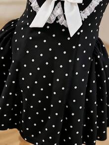 SHEIN 女童蝴蝶結裝飾蕾絲拼接波點印花洋裝 - 黑色 - 查看 9