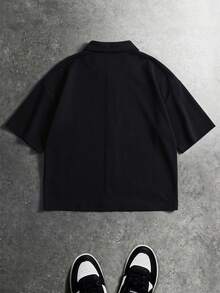 PAVTROS Men's Plus Size Solid Color Short Sleeve Zipper Placket Casual Shirt - Black - View 4