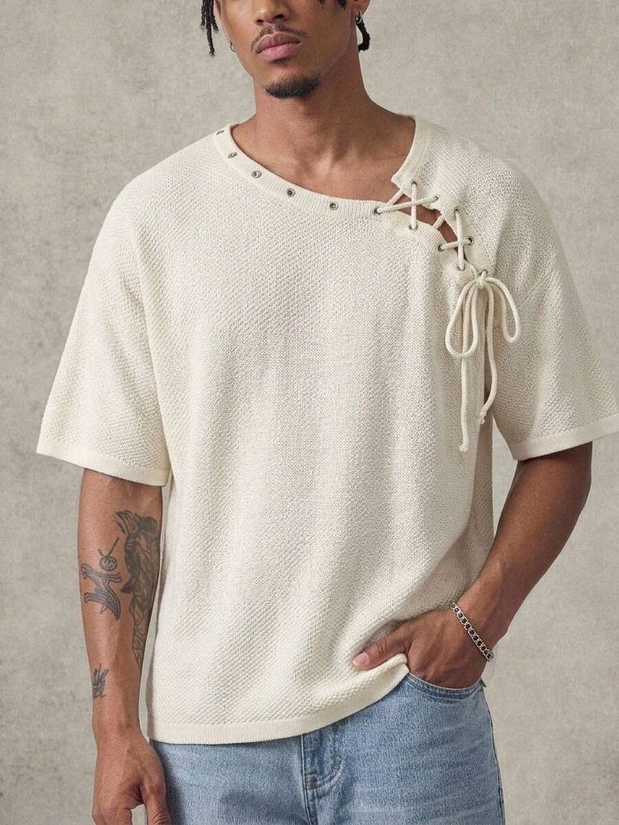 Manfinity LEGND Men's Solid Color Eyelet Tie Design Short Sleeve Knit Top Holiday / Vacation / Beach / Hawaii / Tropical / Swim / Bathing - Apricot - View 1