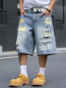 Manfinity EMRG Men's Street Style Casual Printed Distressed Blue Denim Shorts - Light Wash - View 3