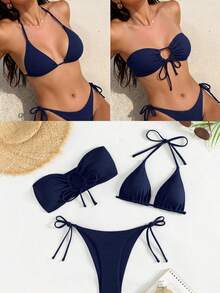Swim Vcay Women Summer Beach Halter Neck Top & Strapless Top & Tie Side Bikini Bottom Set - Navy Blue - View 1