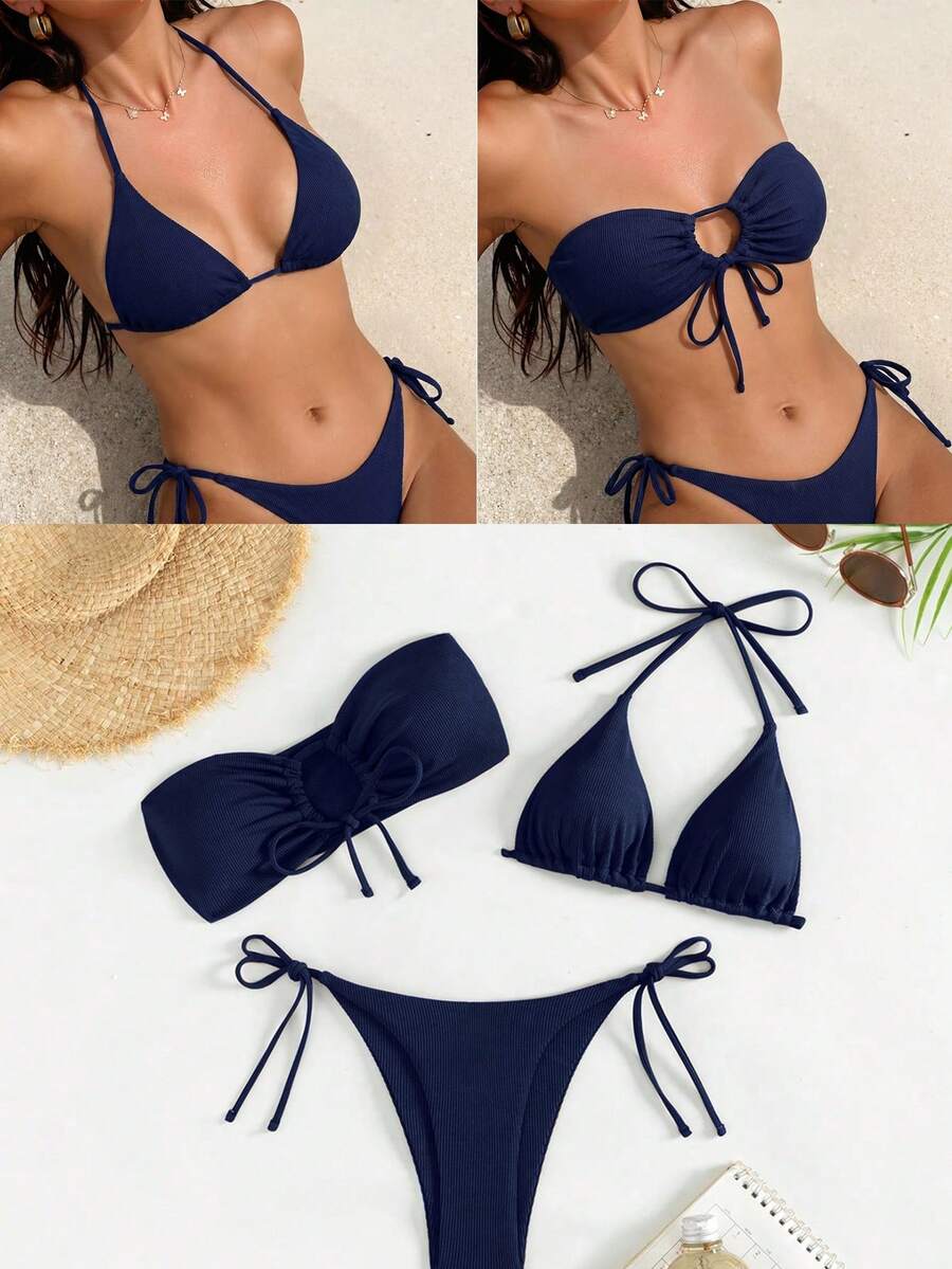 Swim Vcay Women Summer Beach Halter Neck Top & Strapless Top & Tie Side Bikini Bottom Set - Navy Blue - View 1