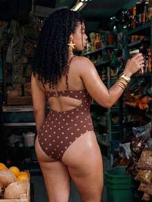 Swim Mod Summer Celestial Printed One-Piece Swimsuit Removable Chest Pads Adjustable Shoulder Straps Sexy Hollow Out Vacation Beach Swimwear Maroon - Brown - View 2