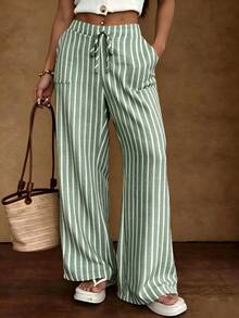 SHEIN LUNE Celana Kasual Potongan Lebar dengan Tali Serut dan Pinggang Elastis, Motif Garis Vertikal Hijau dan Putih, Saku Samping, Bahan Mirip Linen, Model Lurus. - Hijau - View 1