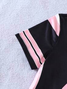 SHEIN Elladie kids 女童兩件套黑色底色對比粉色滾邊數字圖案街頭風圓領T恤＋粉色工裝褲返校服裝 - 粉色 - 查看 6