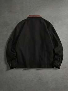 Zorclune 男士羊毛混紡拼色燈芯絨外套，配開襟扣裝飾，休閒青春街頭風 - 黑色 - 查看 2
