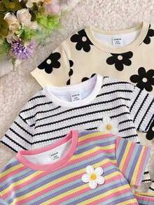 Baby Girls Simple Casual 3 Pieces Set Short Sleeve Top Suitable For Summer - Multicolor - View 3