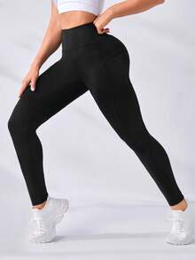 SHEIN Sports 女款运动紧身裤瑜伽裤 - 黑色 - 查看 4
