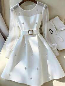 GlowEve CURVE Plus Size Elegant Commuter Rhinestone Decor Mesh Patchwork Dress - White - View 1