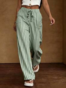 SHEIN LUNE Celana Kasual Potongan Lebar dengan Tali Serut dan Pinggang Elastis, Motif Garis Vertikal Hijau dan Putih, Saku Samping, Bahan Mirip Linen, Model Lurus. - Hijau - View 3