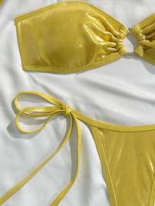 SHEIN Swim 2 件套纯色夏季新款铝箔面料略带衬垫黄色比基尼上衣和侧系带丁字裤 - 金色 - 查看 6