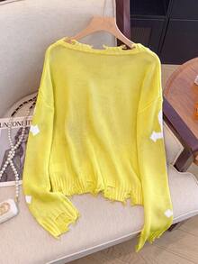 GlowEve Women's Cross Pattern Distressed V-Neck Drop Shoulder Long Sleeve Sweater - Butter Yellow - View 3