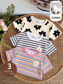 Baby Girls Simple Casual 3 Pieces Set Short Sleeve Top Suitable For Summer - Multicolor - View 4