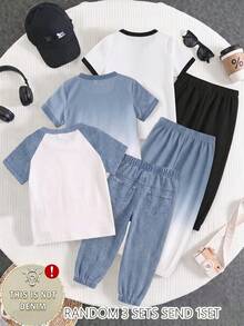 SHEIN 3套組，隨機1套極簡休閒可愛時尚熊圖案丹寧印花T恤與配套丹寧印花長褲套裝，適合夏季出遊與玩耍 - 彩色 - 查看 2
