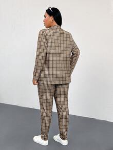 SHEIN Essnce 大尺碼女款春夏/秋冬時尚休閒寬鬆彈性舒適日常百搭修身棕色格紋長袖西裝外套套裝，秋季服飾，上班兩件套，辦公室穿搭，極簡風，格紋西裝 - 棕色 - 查看 3