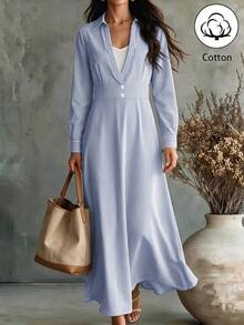 LUMIGAL Women's Striped Waist-Cinching Long Dress - Blue and White - View 1
