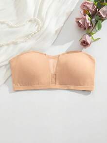 SHEIN 1件裝 女款黑色無肩帶抹胸內衣 網布拼接設計 - 卡其色 - 查看 2