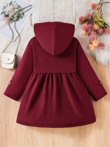 SHEIN Elladie kids 女童卡其色保暖连帽双排扣时尚外套，适合日常休闲穿着 - 酒紅色 - 查看 5