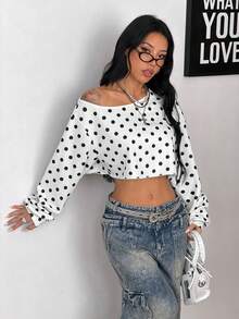 Coolane 女款秋冬街頭風性感Y2K復古返校風休閒約會夜穿時尚黑白波點露肩衛衣 - 黑與白 - 查看 6