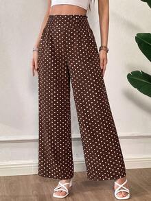 SHEIN Essnce Plus Size Women's Spring/Summer Fashion Casual Loose Comfortable Daily All-Match Versatile Polka Dot Elastic Waist Wide Leg Pants, Women's Bottoms, Comfortable Pants, Autumn , Minimalist Style - Brown - View 4