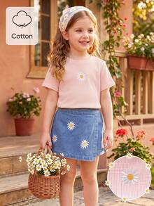 SHEIN Playful Pals 女童休閒可愛圓領標準肩寬彩色波點彩虹印花T恤與純色牛仔裙褲套裝，夏季返校穿搭 - 粉色 - 查看 10