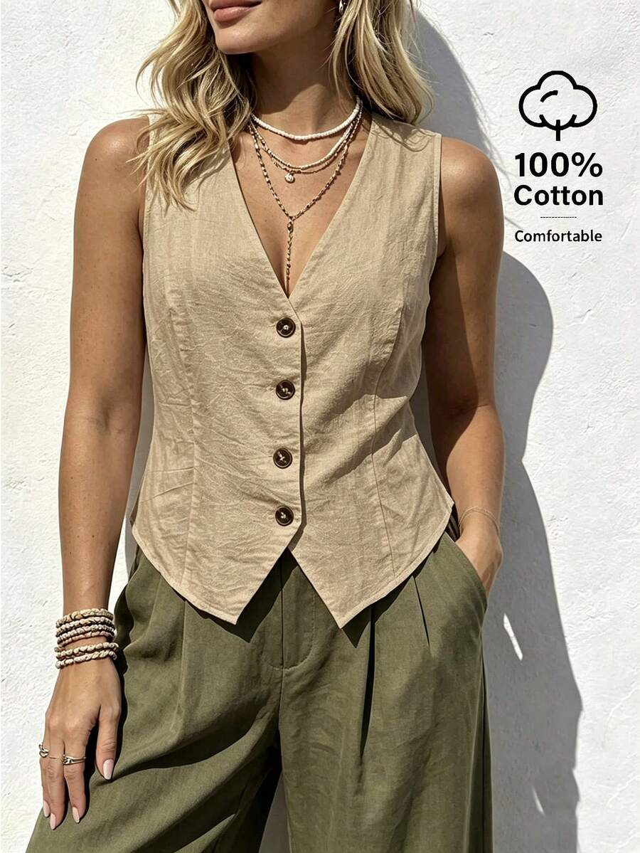 Linhara CURVE Plus Size Summer Casual Solid Color Sleeveless Shirt - Apricot - View 1