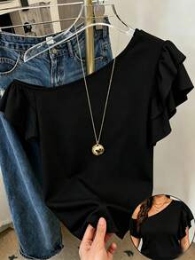GlowEve CURVE Plus Size Solid Color Ruffle Cuff Asymmetrical Shoulder Sexy T-Shirt, Fashionable And Versatile - Black - View 5
